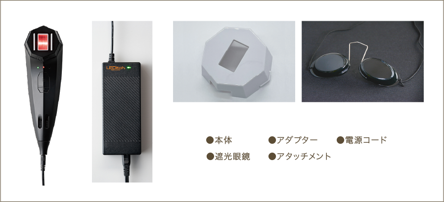本体、アダプター、電源コード、遮光眼鏡、アタッチメント